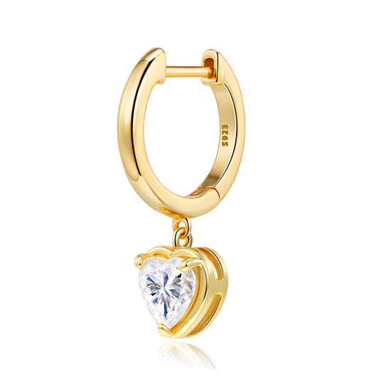 14K Gold Plated 925 Sterling Silver 1ct Heart Moissanite Huggie Drop Earrings