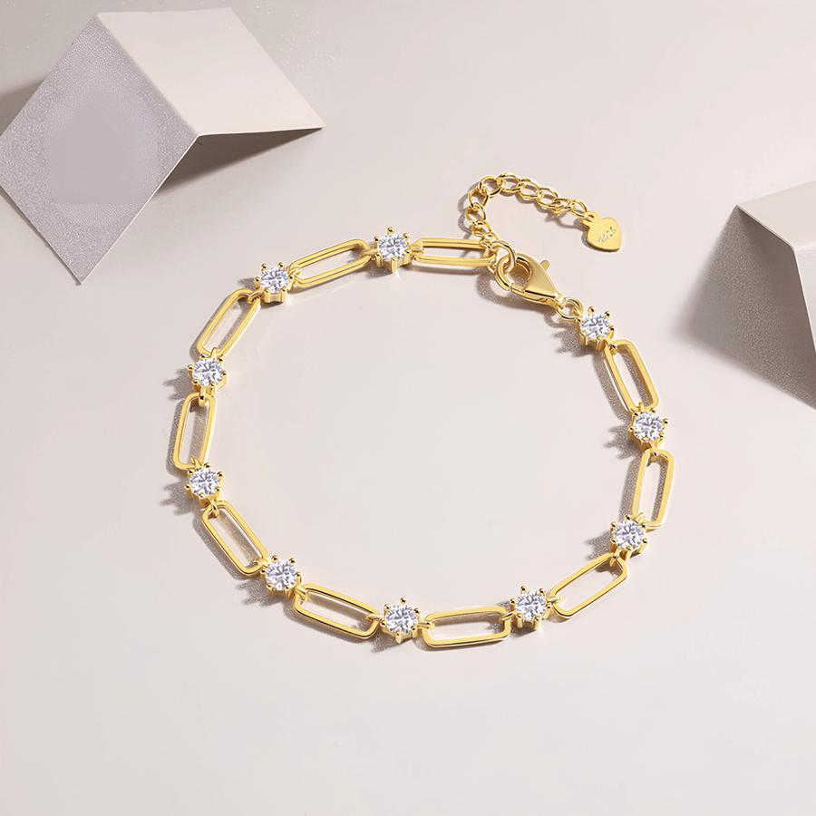 Moissanite Paperclip Link Bracelet – 14K Gold Plated Sterling Silver(Adjustable)