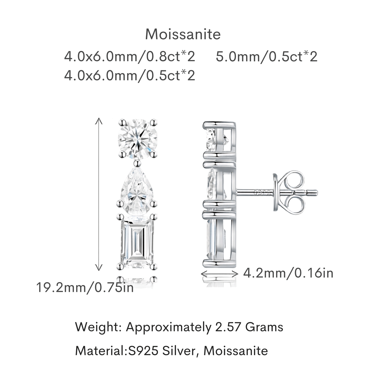 925 Sterling Silver Moissanite Three Stone Bar Stud Earrings — Round, Pear & Emerald Cut