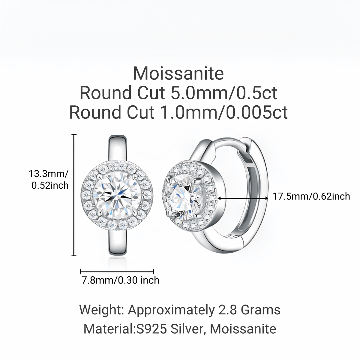 S925 Sterling Silver Halo Moissanite Huggie Hoop Earrings — 0.5 ct Round Center with Micro Round Accents