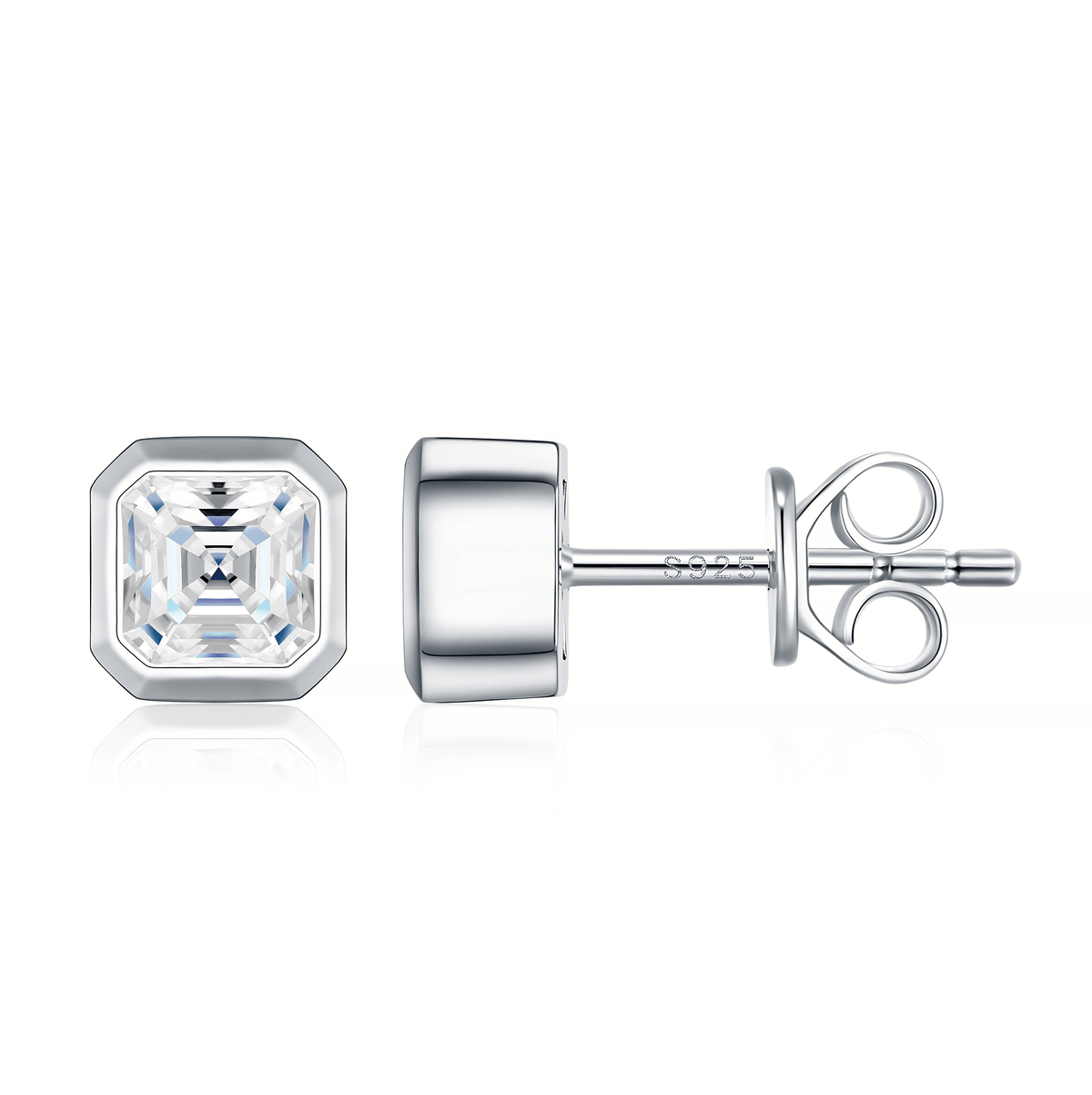 S925 Sterling Silver Asscher-Cut Moissanite Stud Earrings — Bezel-Set Square Solitaire