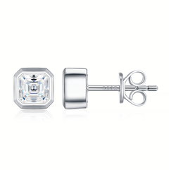 S925 Sterling Silver Asscher-Cut Moissanite Stud Earrings — Bezel-Set Square Solitaire