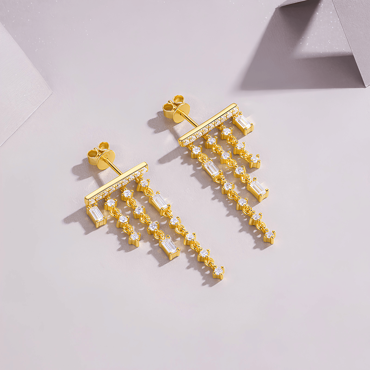 14K Gold Plated 925 Sterling Silver Moissanite Tassel Stud Earrings with Baguette Drops