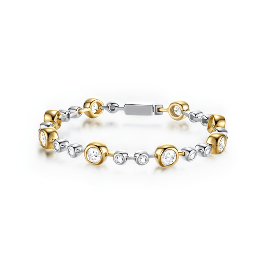 A two-tone yellow gold and silver bracelet featuring round bezel-set clear gemstones, displayed on a clean white background.