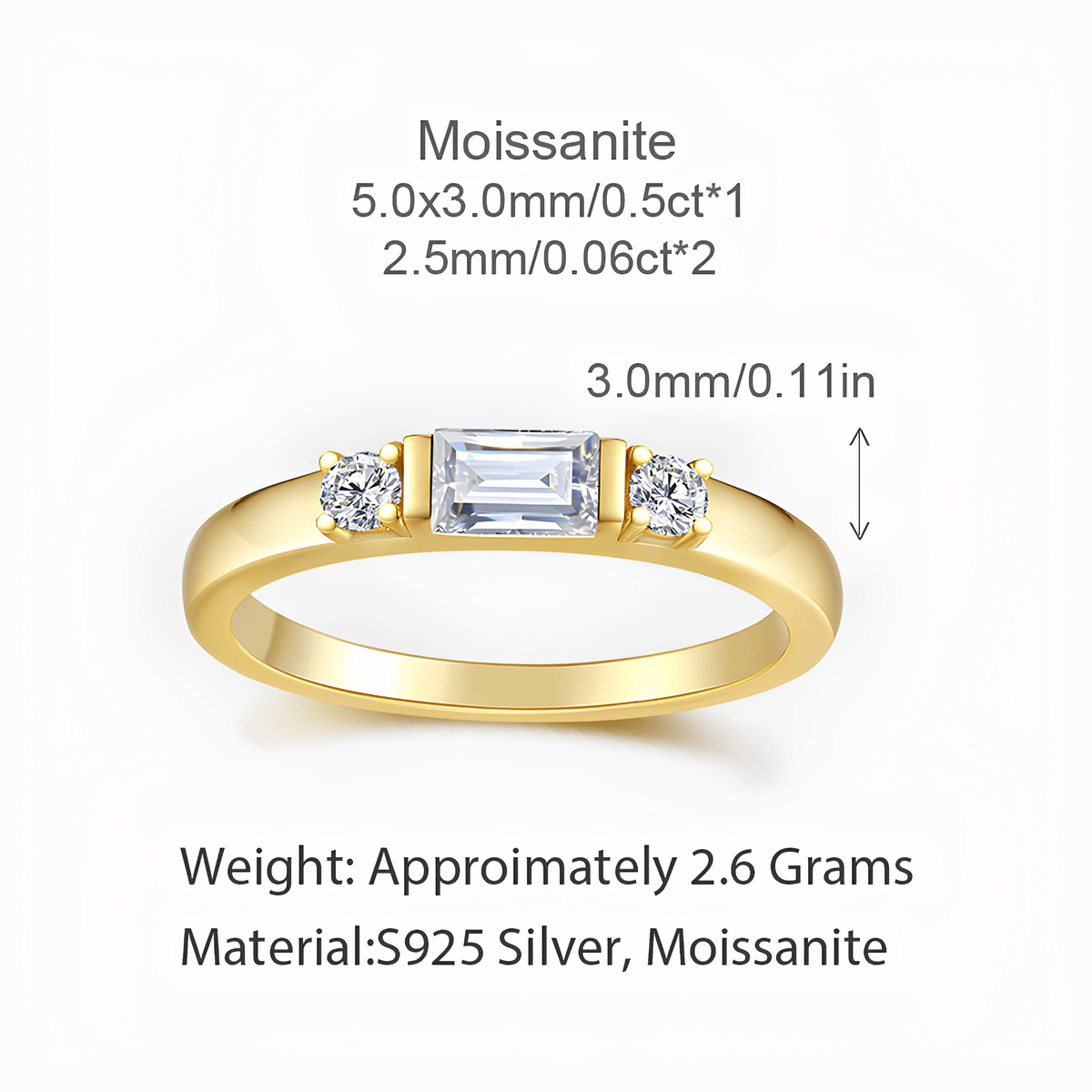 18K Gold Plated Moissanite Ring 925 Silver | Baguette Three Stone Stackable Band