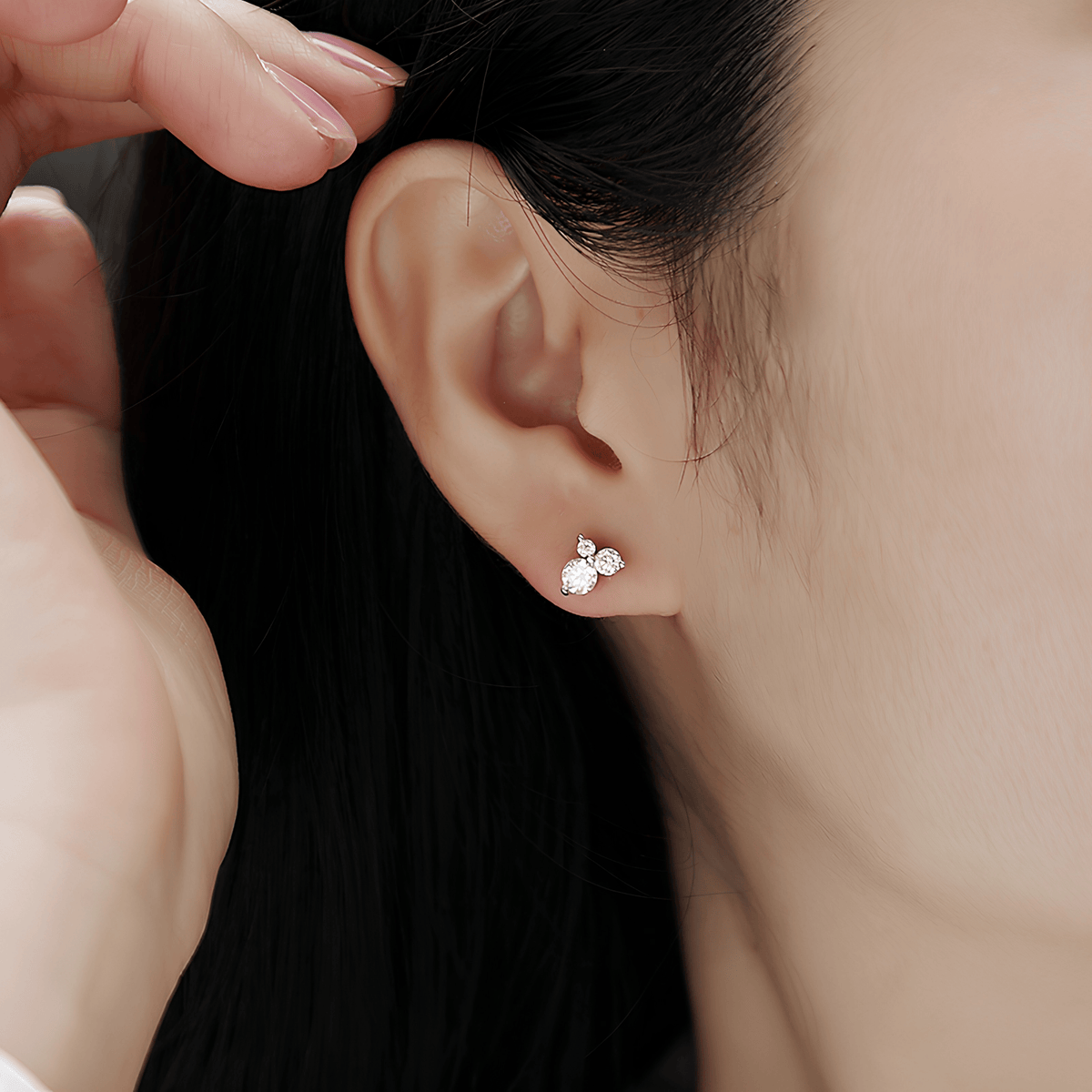 925 Sterling Silver Three-Stone Round Moissanite Cluster Stud Earrings