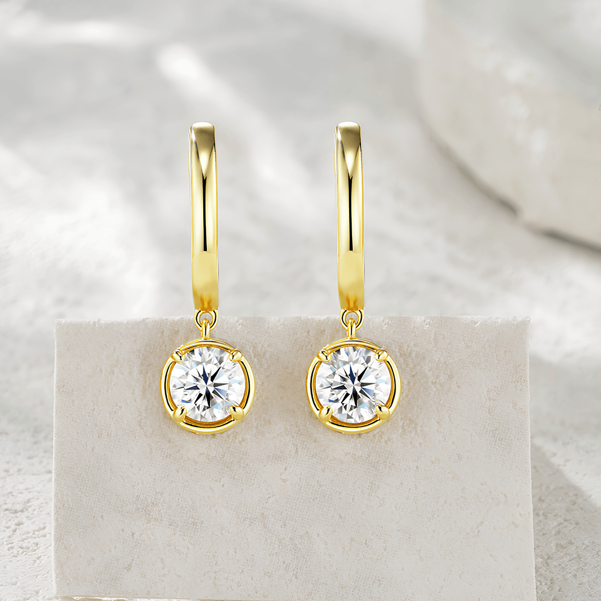 14k Gold-Plated S925 Sterling Silver Moissanite Dangle Huggie Hoop Earrings — Round Solitaire Drop