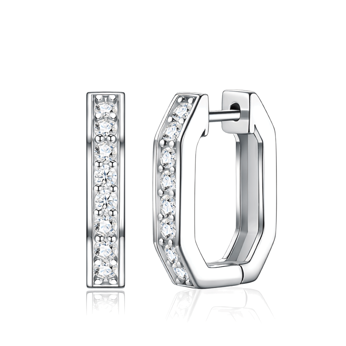 S925 Sterling Silver Geometric Moissanite Huggie Hoop Earrings — Round Cut Pavé Front