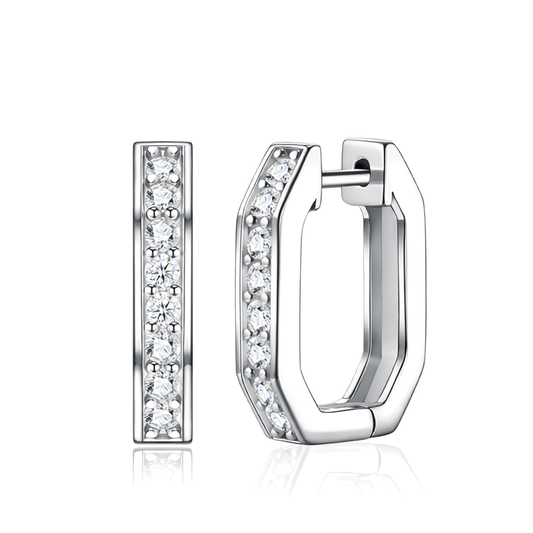 S925 Sterling Silver Geometric Moissanite Huggie Hoop Earrings — Round Cut Pavé Front