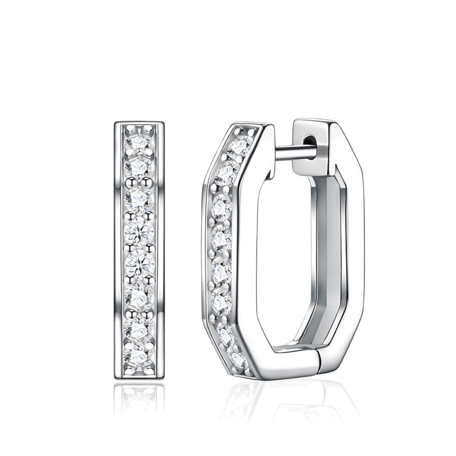 S925 Sterling Silver Geometric Moissanite Huggie Hoop Earrings — Round Cut Pavé Front