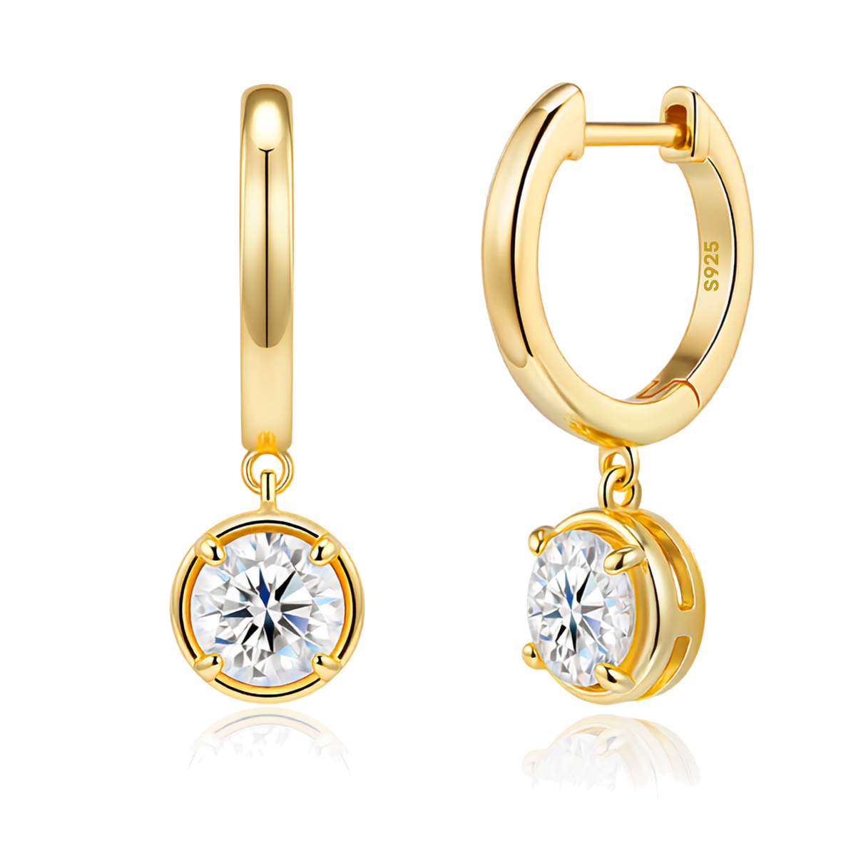14k Gold-Plated S925 Sterling Silver Moissanite Dangle Huggie Hoop Earrings — Round Solitaire Drop