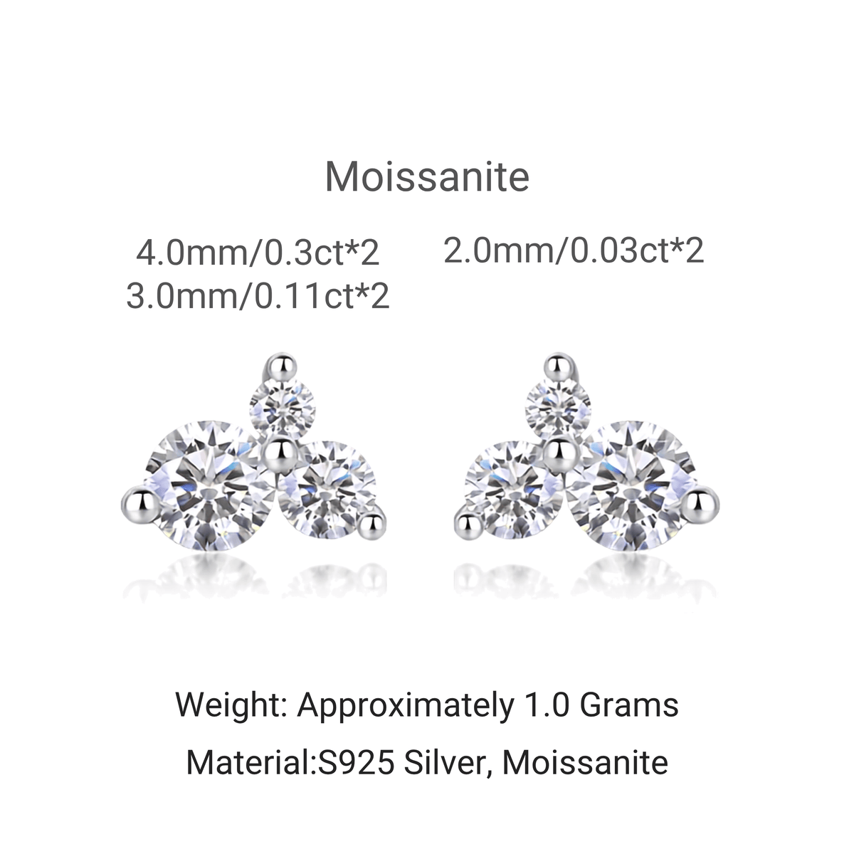 925 Sterling Silver Three-Stone Round Moissanite Cluster Stud Earrings