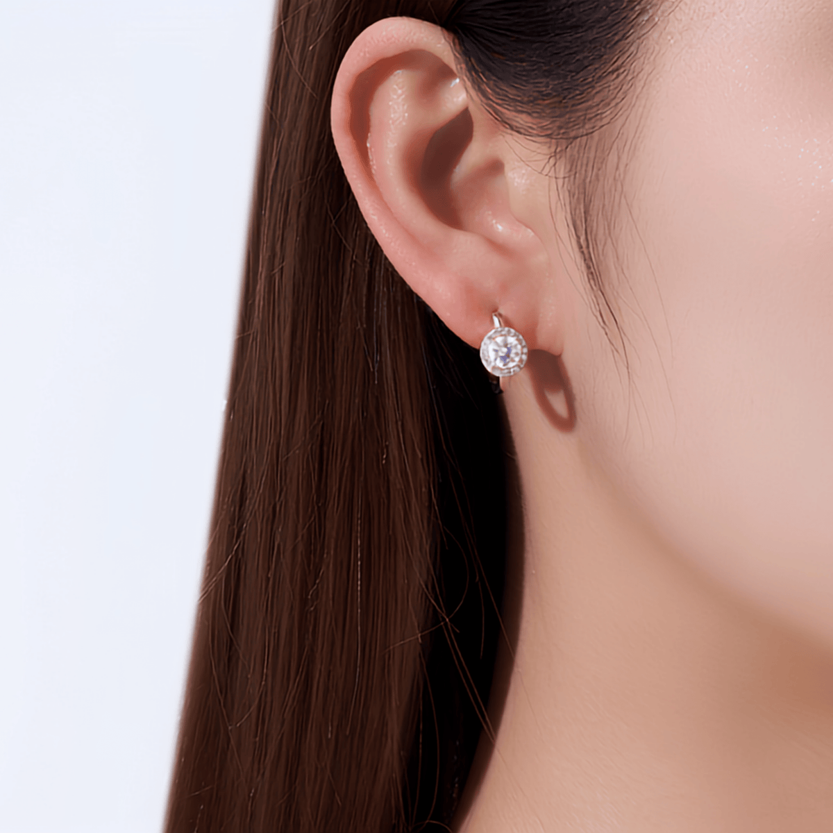S925 Sterling Silver Halo Moissanite Huggie Hoop Earrings — 0.5 ct Round Center with Micro Round Accents