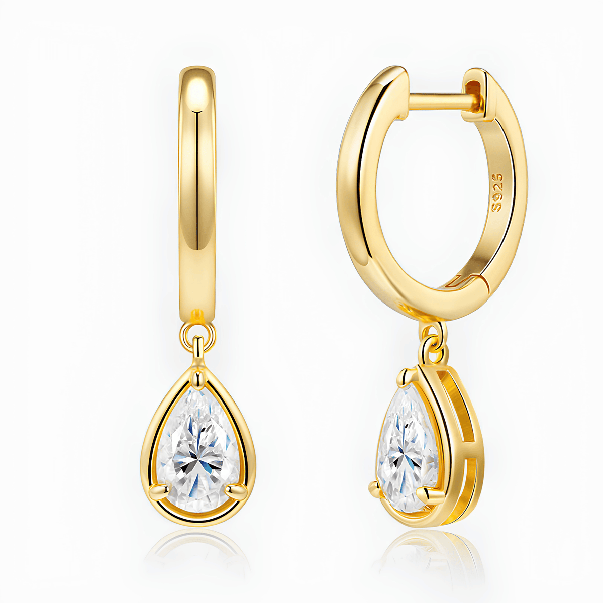 14K Gold Plated 925 Sterling Silver 1ct Pear Moissanite Huggie Drop Earrings