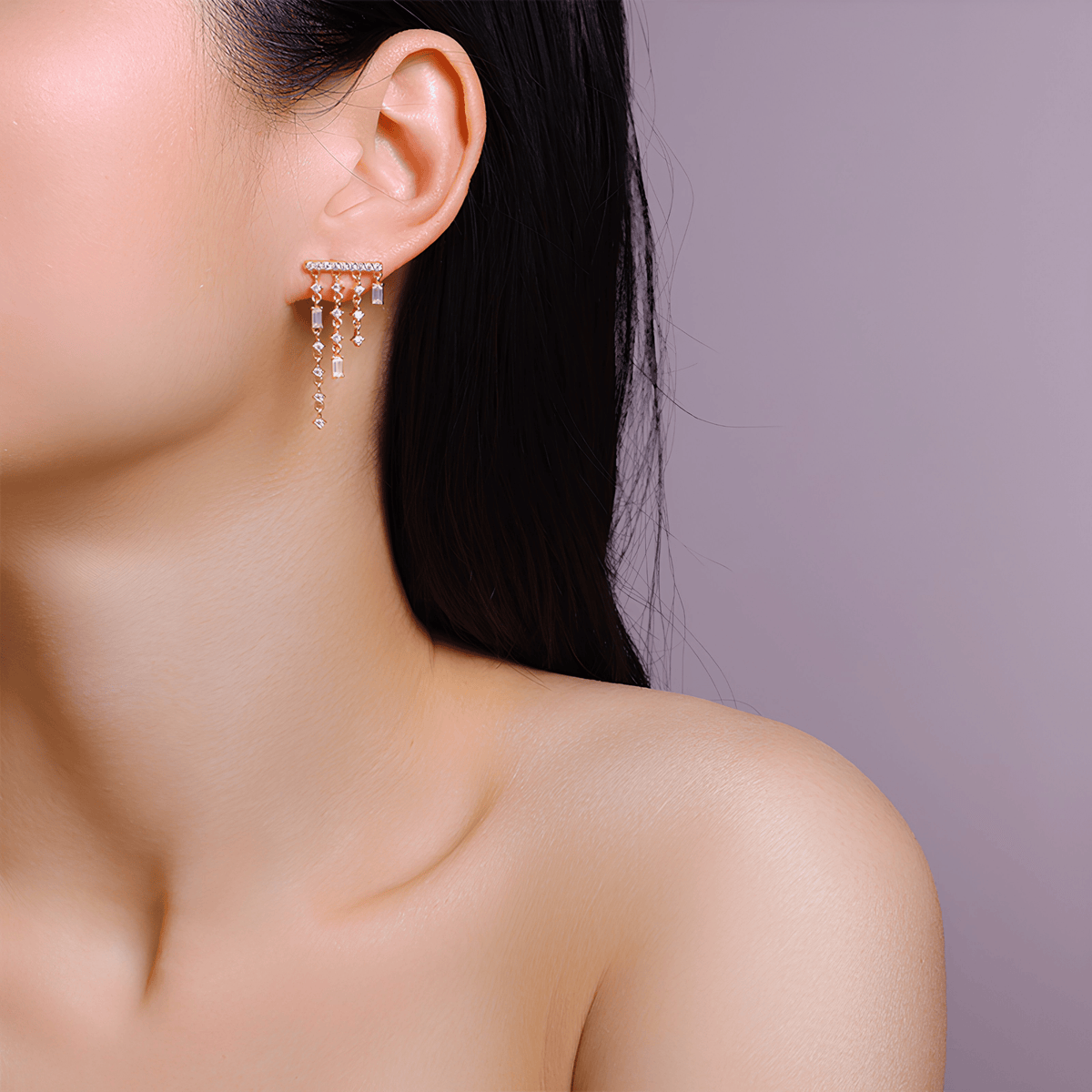 14K Gold Plated 925 Sterling Silver Moissanite Tassel Stud Earrings with Baguette Drops