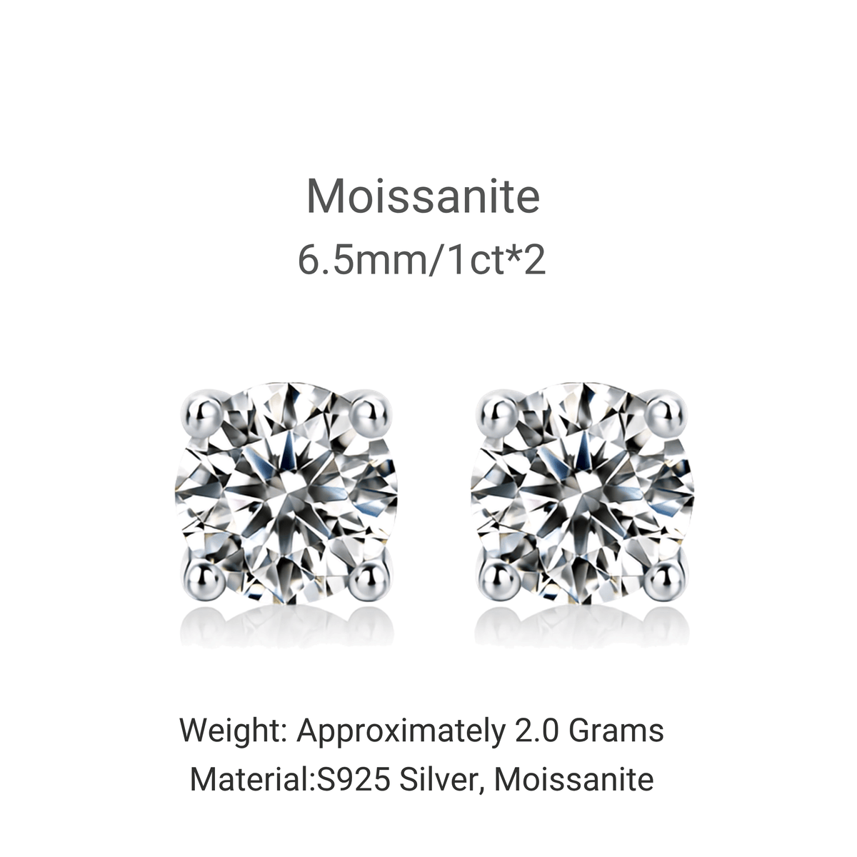 1 Carat Round Moissanite Stud Earrings in 925 Sterling Silver – 6.5mm