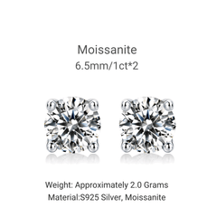 1 Carat Round Moissanite Stud Earrings in 925 Sterling Silver – 6.5mm