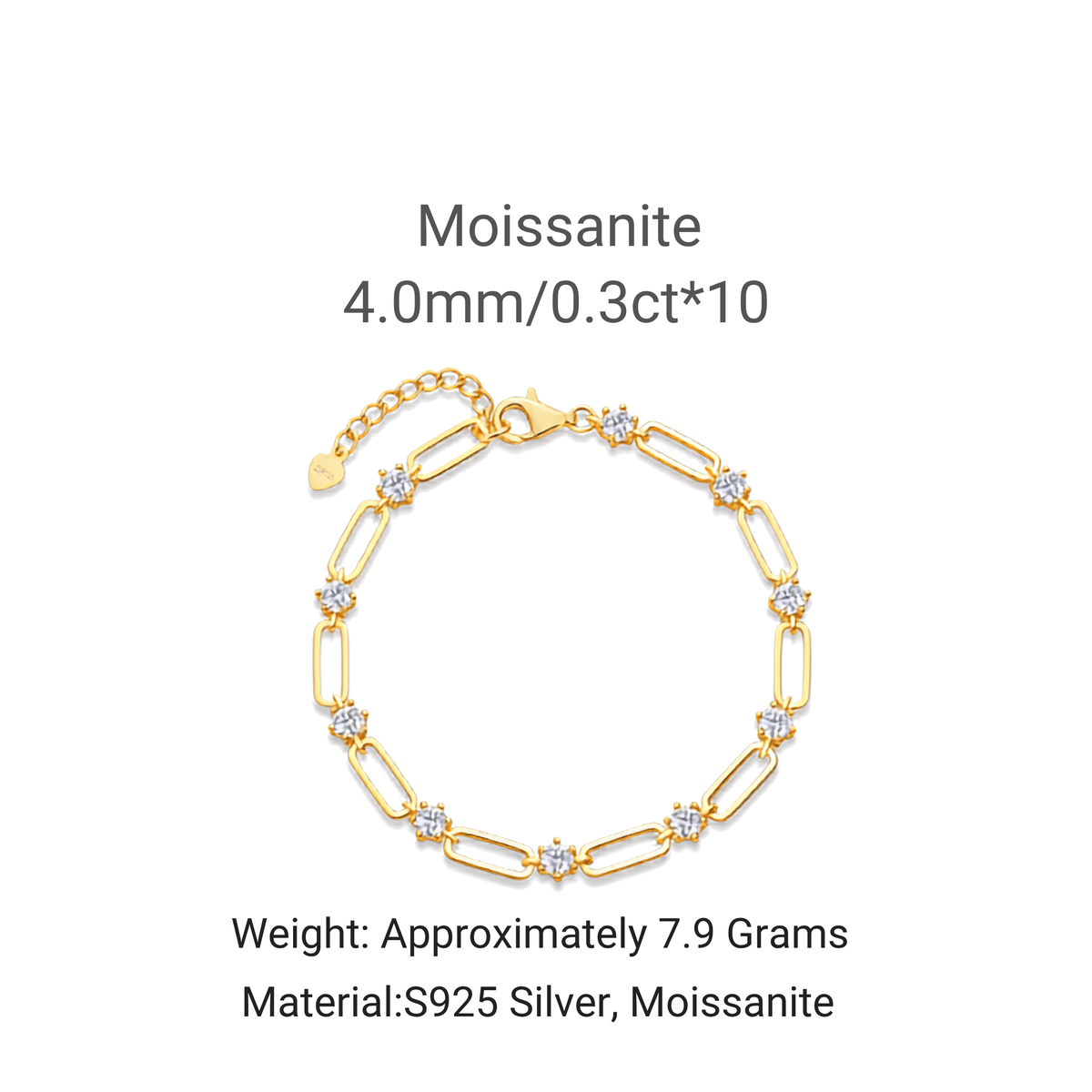 Moissanite Paperclip Link Bracelet – 14K Gold Plated Sterling Silver(Adjustable)