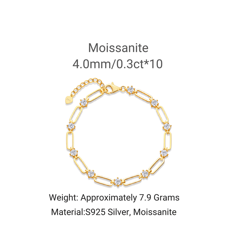 Moissanite Paperclip Link Bracelet – 14K Gold Plated Sterling Silver(Adjustable)