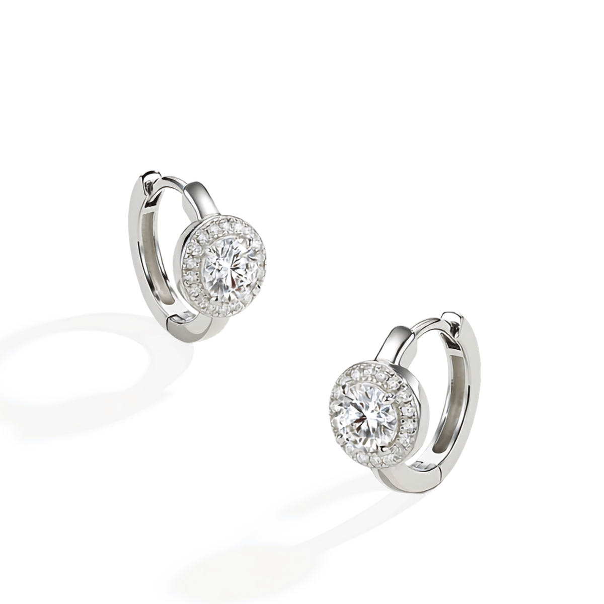 S925 Sterling Silver Halo Moissanite Huggie Hoop Earrings — 0.5 ct Round Center with Micro Round Accents
