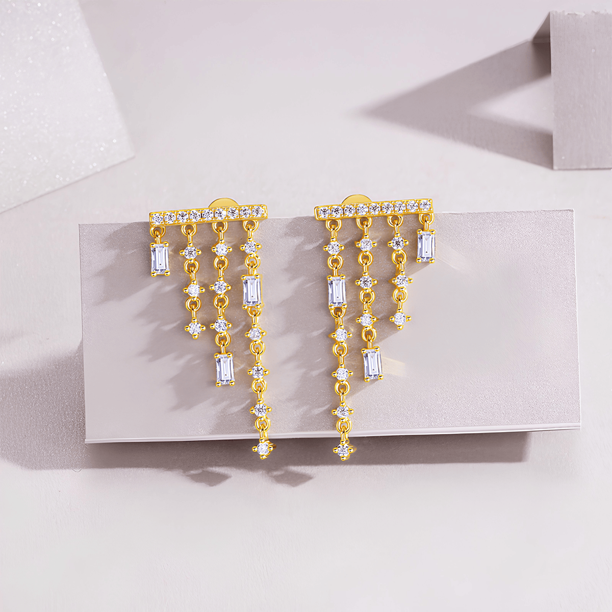14K Gold Plated 925 Sterling Silver Moissanite Tassel Stud Earrings with Baguette Drops
