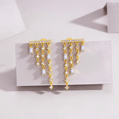 14K Gold Plated 925 Sterling Silver Moissanite Tassel Stud Earrings with Baguette Drops