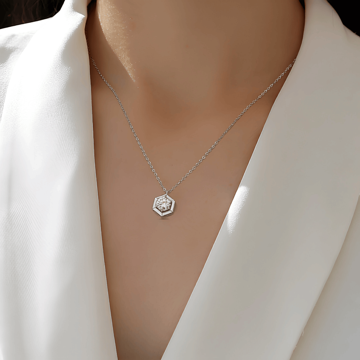 Moissanite Hexagon Solitaire Necklace – S925 Sterling Silver