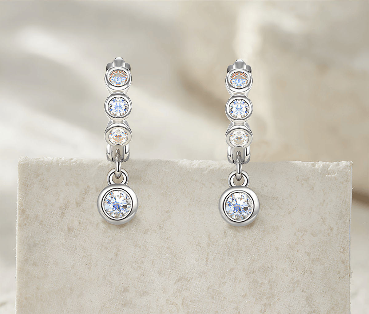 S925 Sterling Silver Bezel-Set Moissanite Dangle Huggie Hoop Earrings — Trio Stone Drop