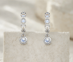S925 Sterling Silver Bezel-Set Moissanite Dangle Huggie Hoop Earrings — Trio Stone Drop