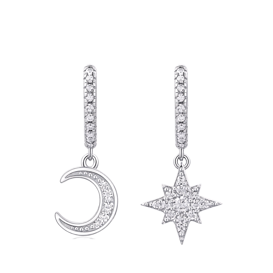 S925 Sterling Silver Moissanite Celestial Drop Earrings — Pavé Moon & Star Huggie Pair