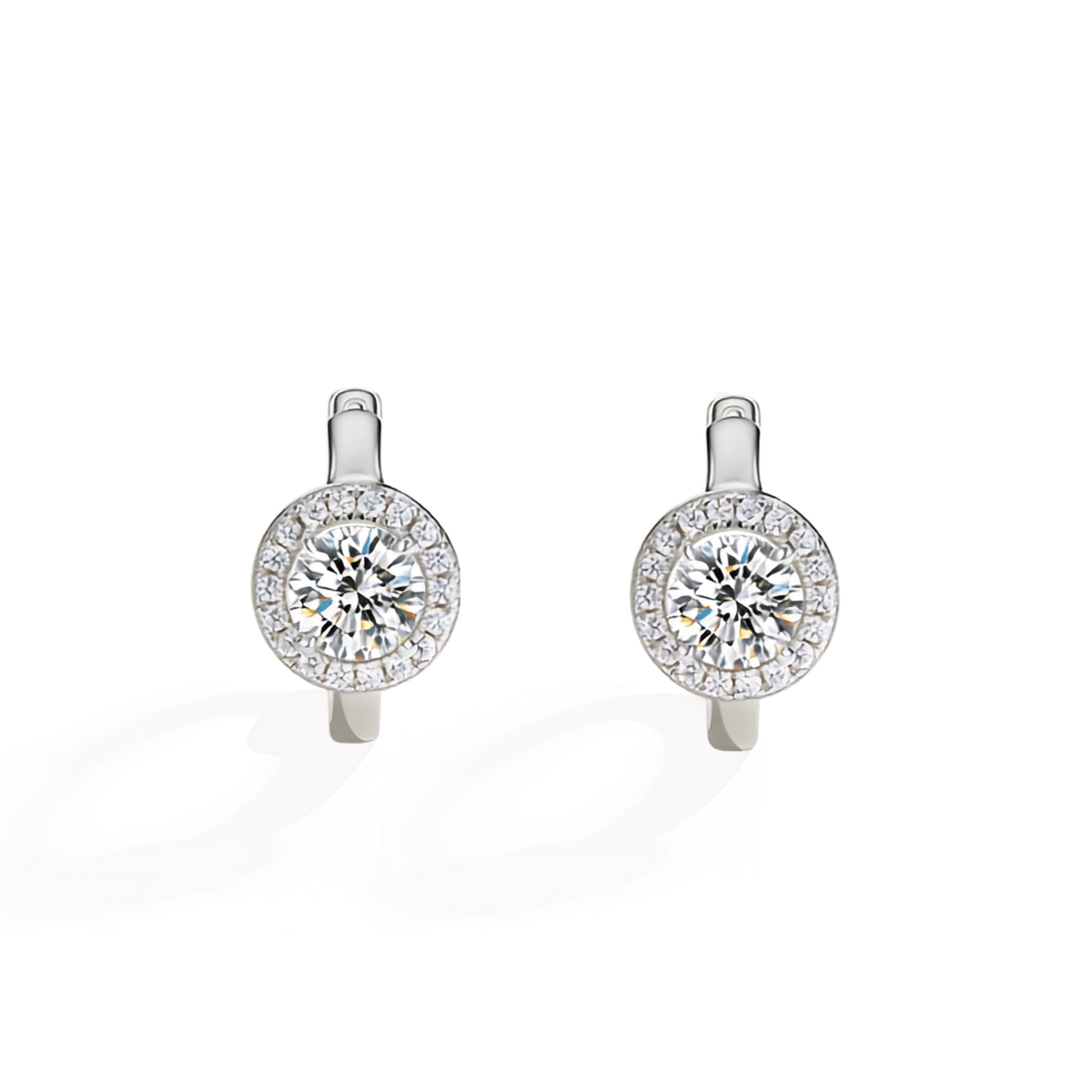 S925 Sterling Silver Halo Moissanite Huggie Hoop Earrings — 0.5 ct Round Center with Micro Round Accents