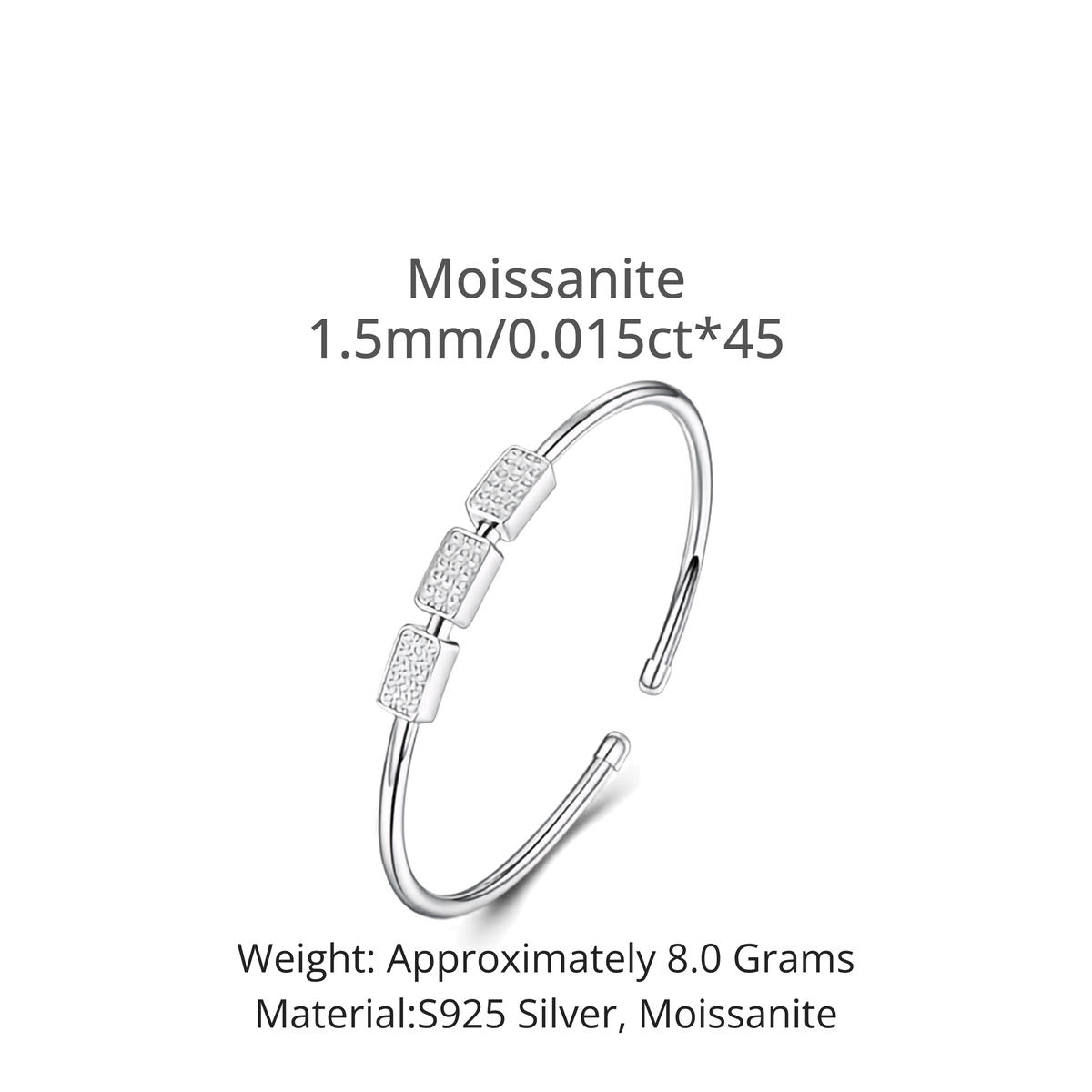A silver-toned open cuff bracelet with three rectangular Moissanite bead sections, shown on a plain white background with text detailing its size, weight, and material.