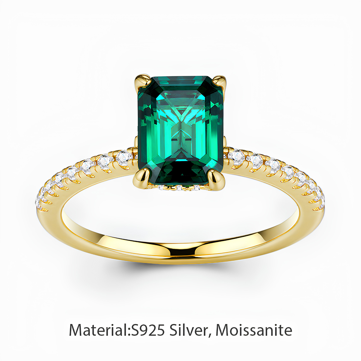 18K Gold Plated 925 Sterling Silver Emerald-Cut Green Moissanite Ring | Authentic Moissanite Pavé Engagement Ring + Certificate