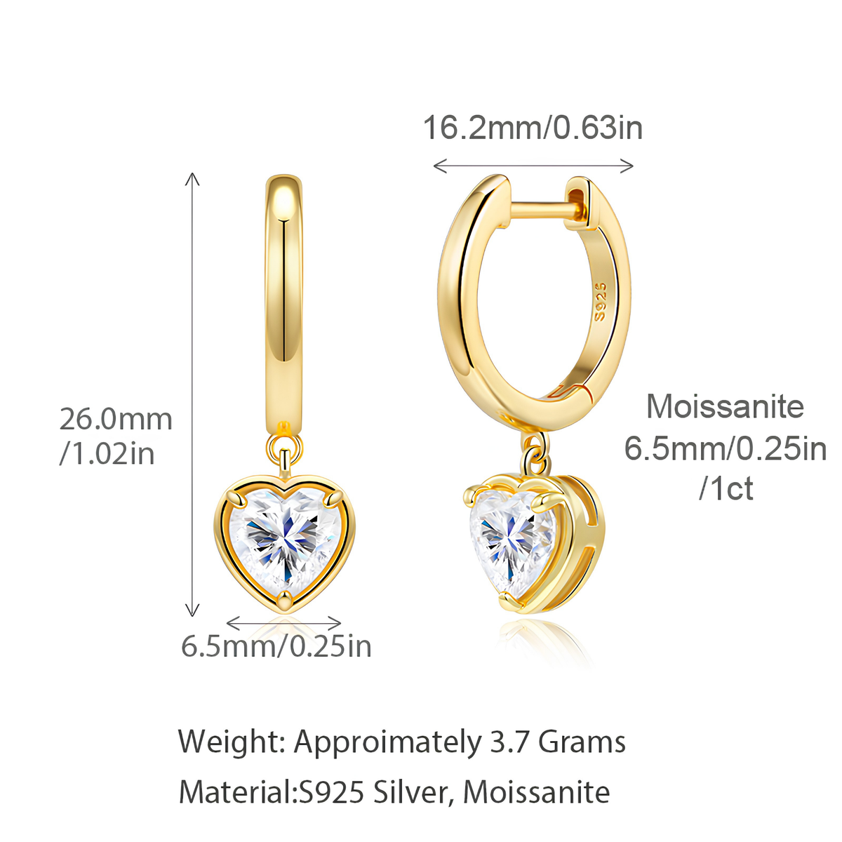14K Gold Plated 925 Sterling Silver 1ct Heart Moissanite Huggie Drop Earrings