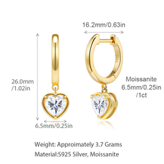 14K Gold Plated 925 Sterling Silver 1ct Heart Moissanite Huggie Drop Earrings