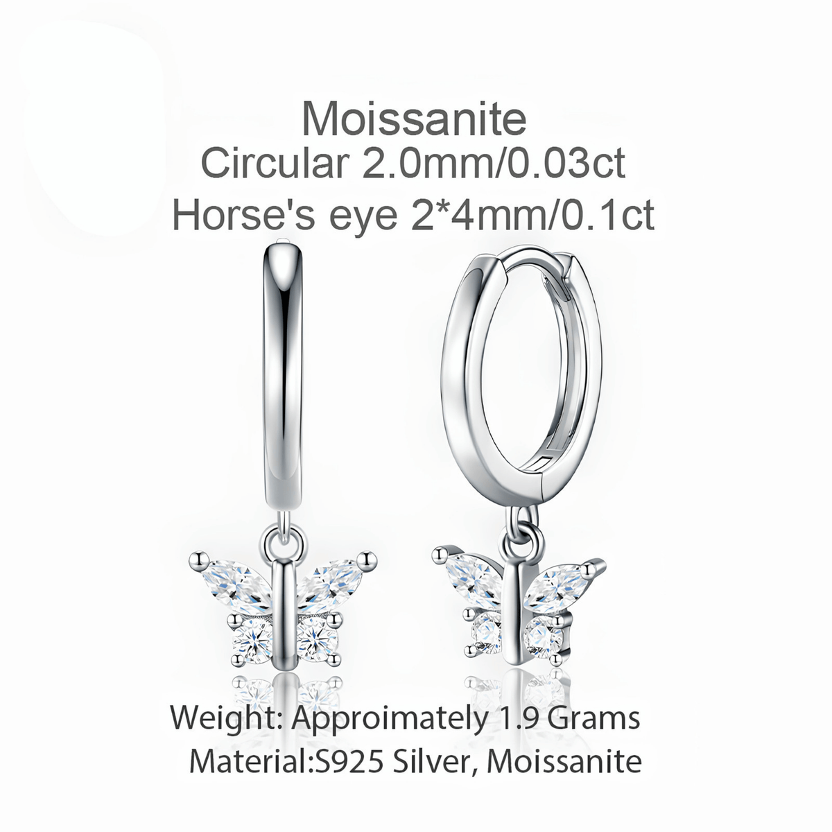 S925 Sterling Silver Moissanite Butterfly Drop Huggie Hoop Earrings — Marquise & Round Cut
