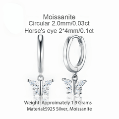 S925 Sterling Silver Moissanite Butterfly Drop Huggie Hoop Earrings — Marquise & Round Cut