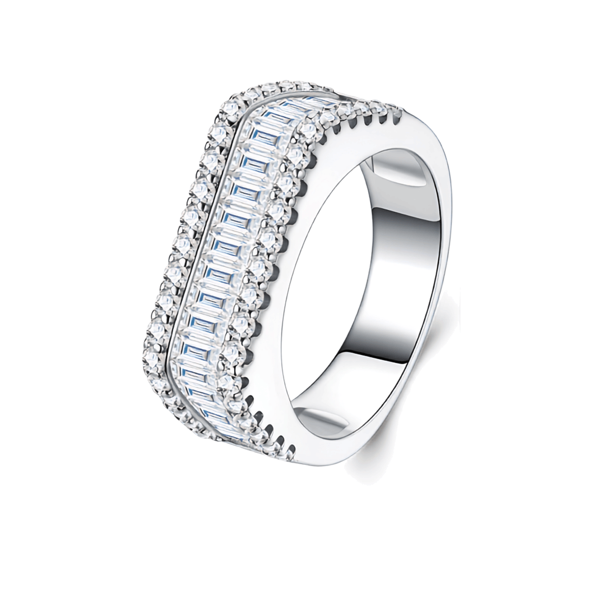 925 Sterling Silver Wide Moissanite Band Ring (7.2mm) | Round Cut + Princess Cut Moissanite, Luxury Statement Band