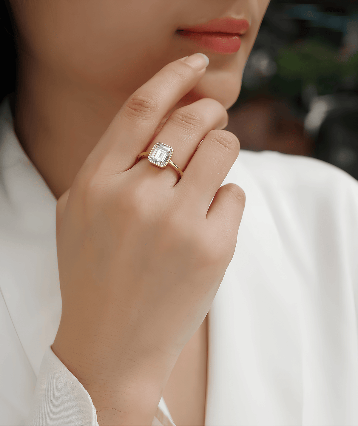 18K Gold Plated Emerald Cut Moissanite Solitaire Ring 925 Silver | Bezel Set Engagement Ring