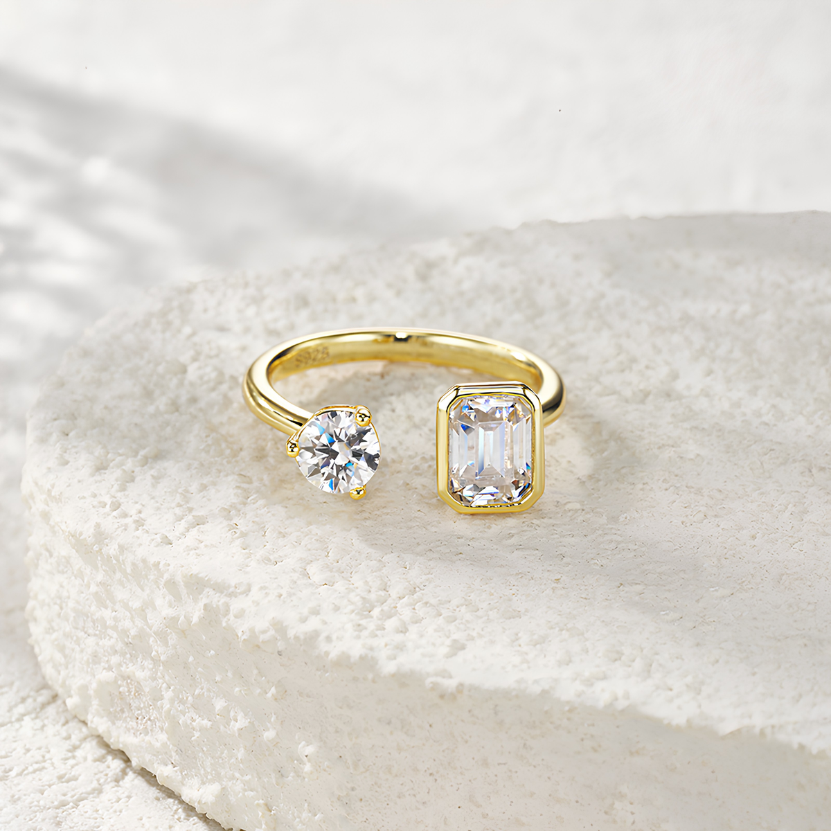 Adjustable Moissanite Ring 18K Gold Plated Sterling Silver 925