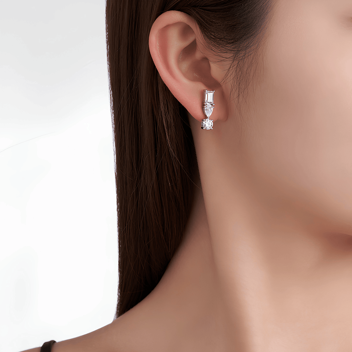 925 Sterling Silver Moissanite Three Stone Bar Stud Earrings — Round, Pear & Emerald Cut