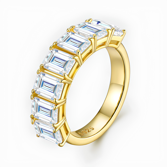 Moissanite Emerald Cut Band Ring 18K Gold Plated 925 Sterling Silver