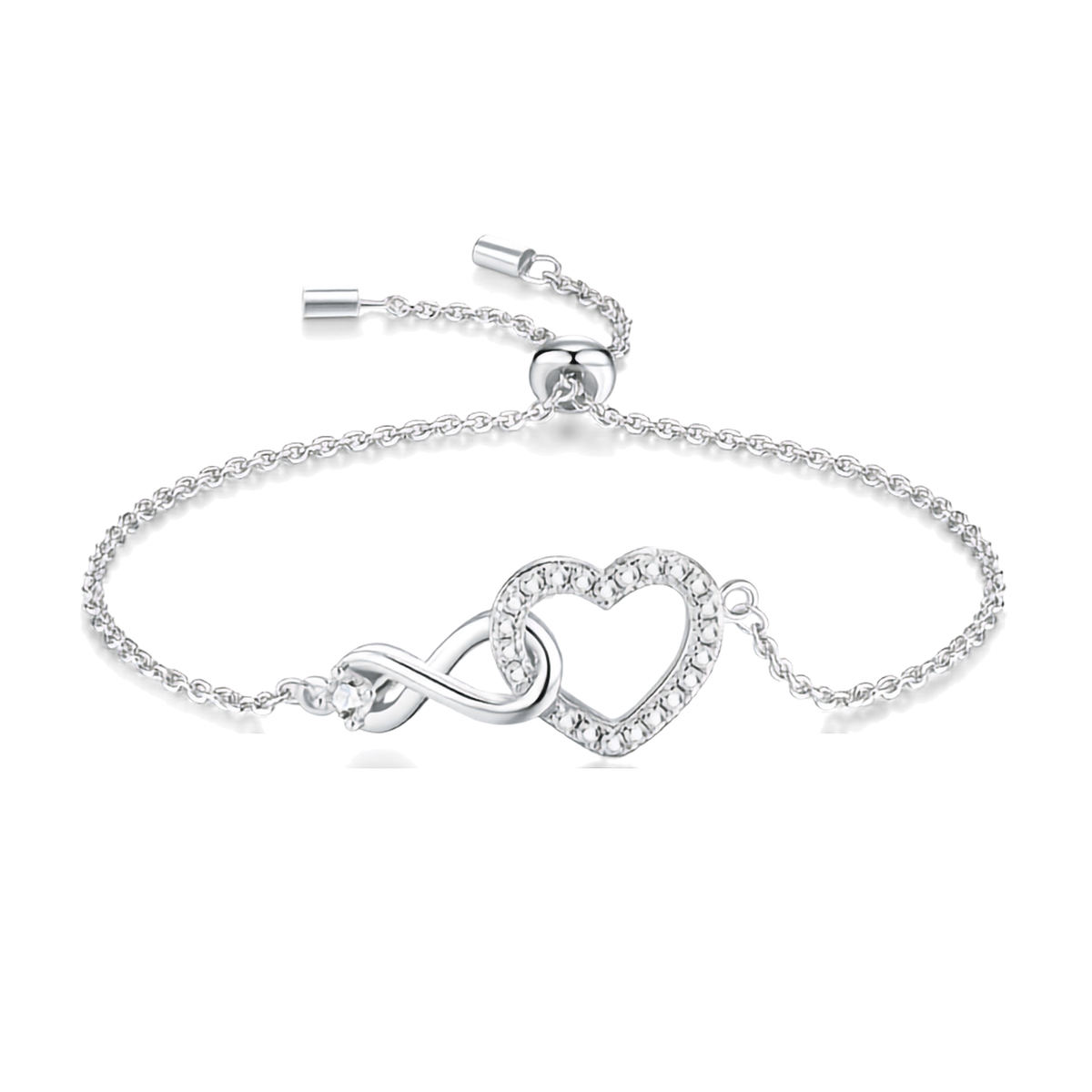 A silver adjustable adjustable bracelet featuring an infinity symbol and a heart-shaped crystal charm, displayed on a clean white background.