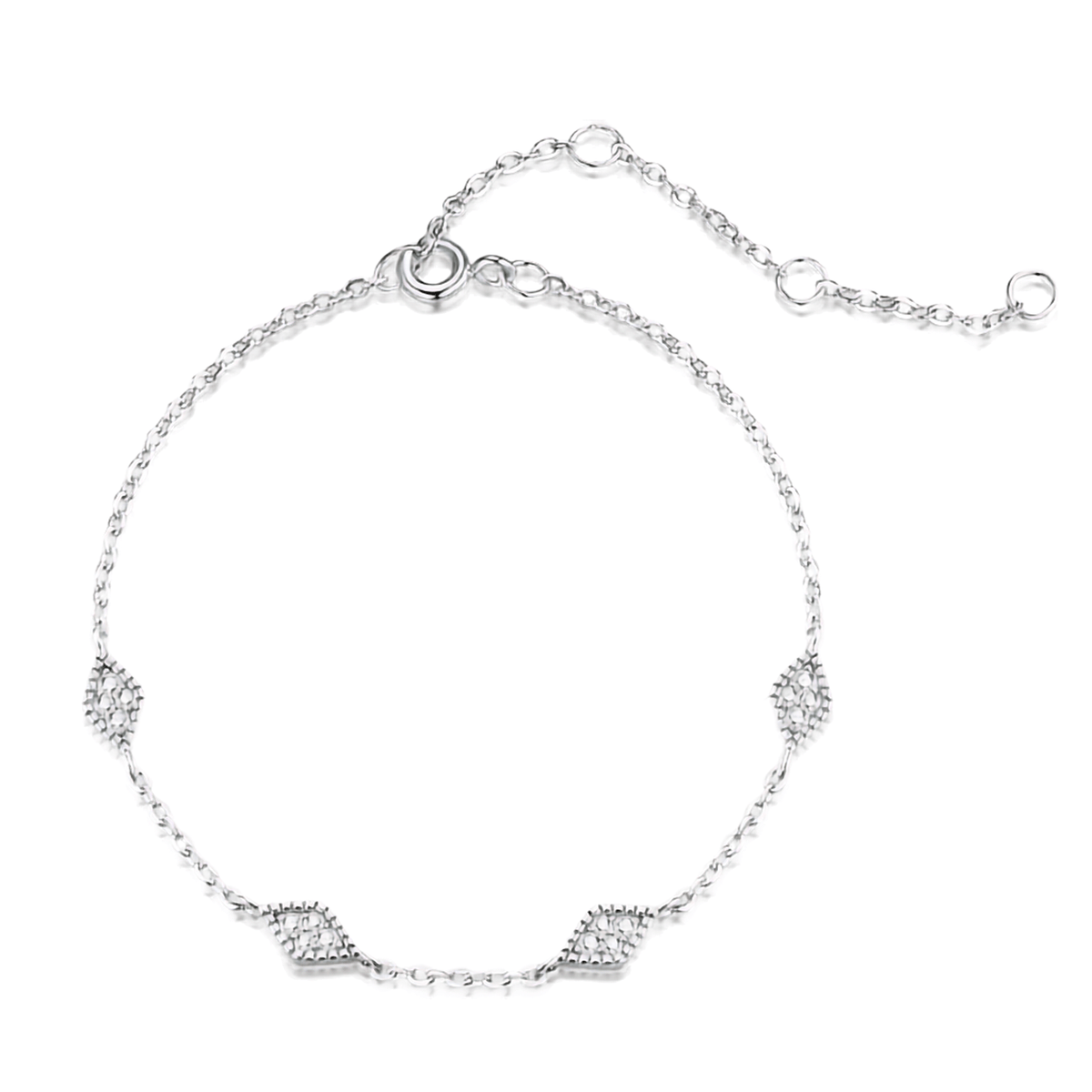 A delicate silver chain bracelet with four small pavé-set diamond arrow motifs and an adjustable lobster clasp, shown on a plain white background.