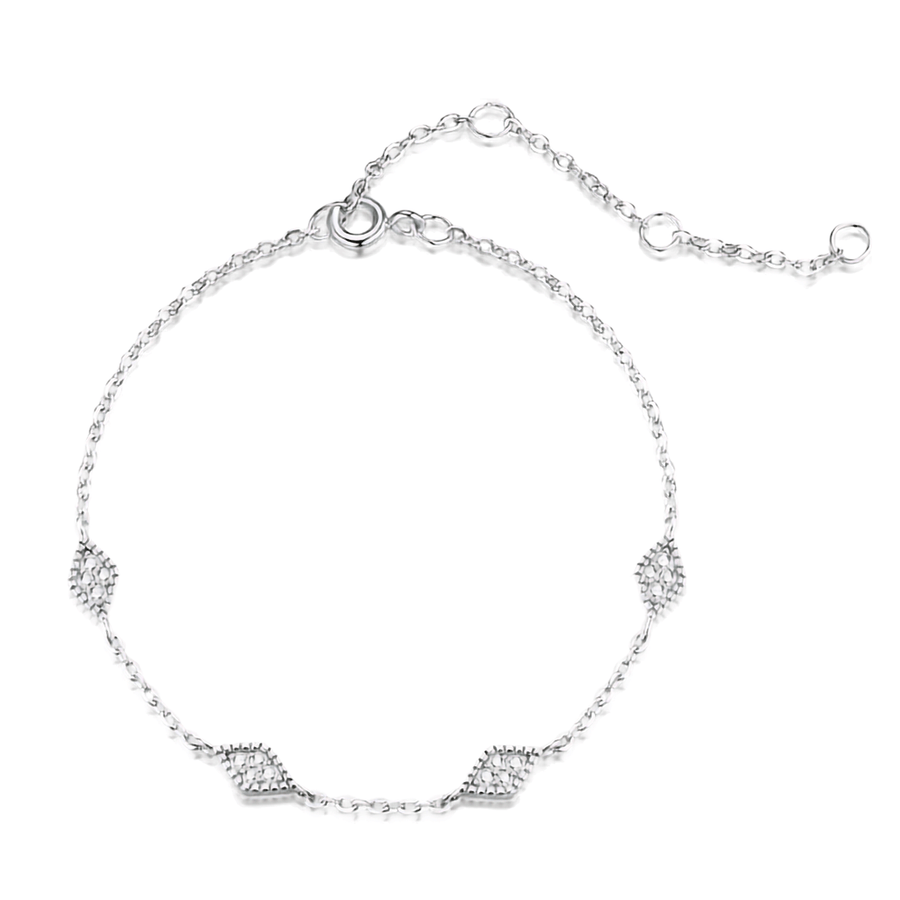 A delicate silver chain bracelet with four small pavé-set diamond arrow motifs and an adjustable lobster clasp, shown on a plain white background.