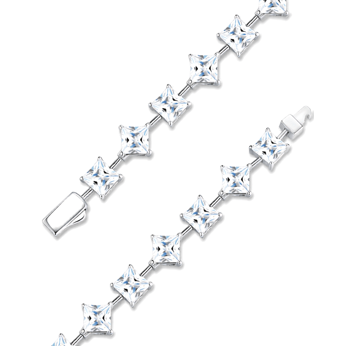 A silver-toned tennis bracelet featuring clear, faceted princess-cut cubic zirconia stones set in a silver chain, shown on a plain white background.