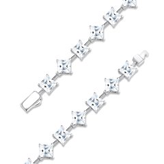 A silver-toned tennis bracelet featuring clear, faceted princess-cut cubic zirconia stones set in a silver chain, shown on a plain white background.
