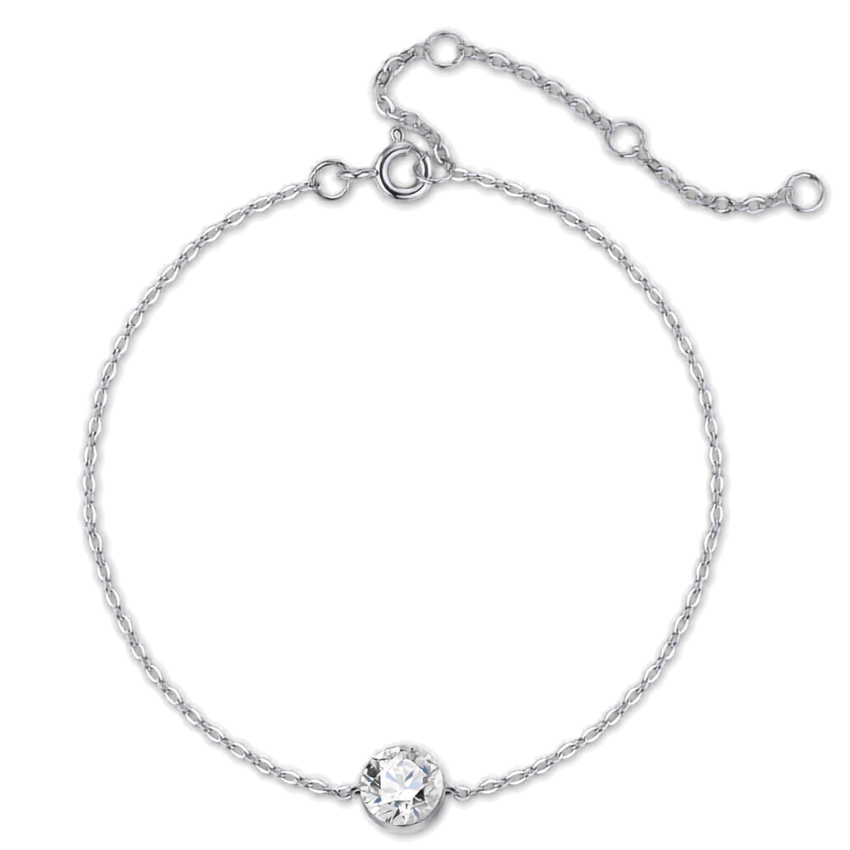 A delicate silver chain bracelet with a single round clear gemstone set in a bezel setting, displayed on a clean white background.