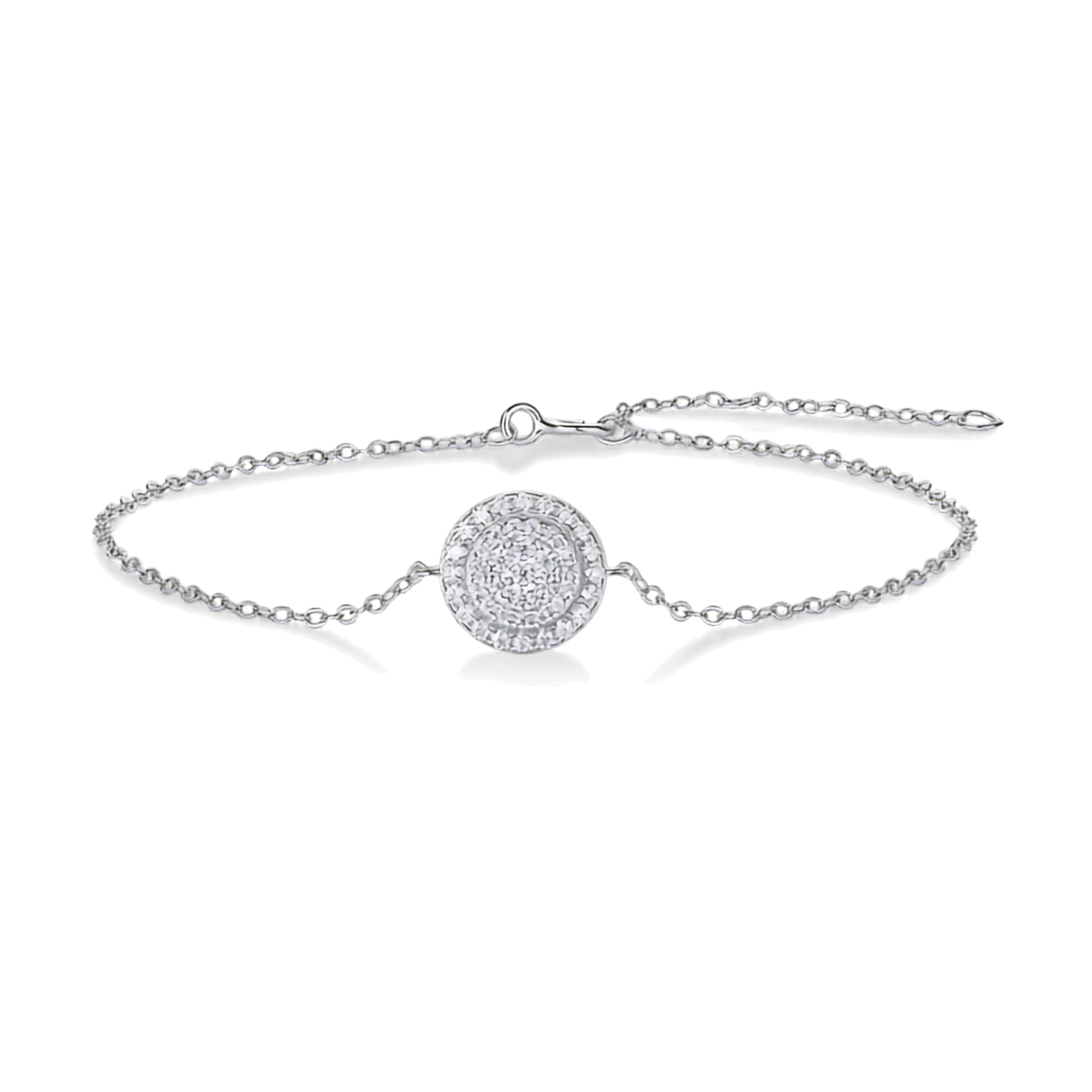 A delicate silver chain bracelet featuring a central round pavé disc set with clear stones, photographed on a clean white background.