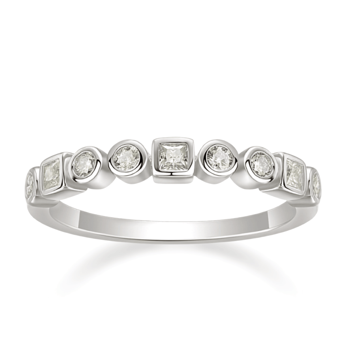 925 Sterling Silver Geometric Moissanite Band Ring (Round + Square Bezel Set) | Authentic Moissanite, Stackable Minimal Ring